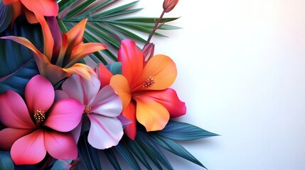 Obraz premium Tropical flowers corner design, white background, summer vibes, website banner