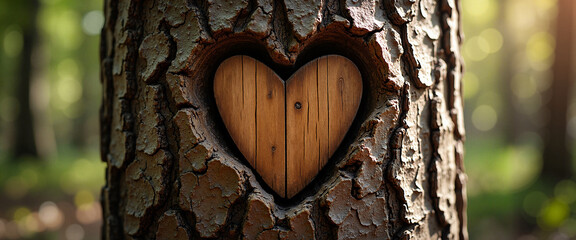 Heart-shaped carving in tree trunk in forest