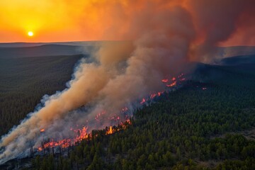 A large fire burns in a dense forest, with flames and smoke filling the air