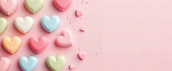 Colorful heart-shaped macarons on pink background
