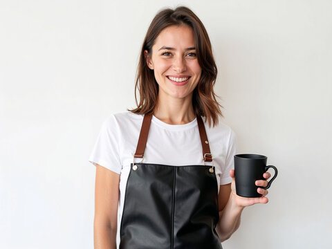 Smiling young barista holding a takeaway coffee cup, looking confidently at the camera. White background