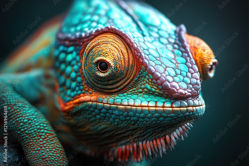 Poster close-up of a vibrant green chameleon showcasing intricate scales and color changes in a dynamic nat