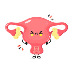 Cute cartoon representation of a tired uterus with expressive facial features and a relaxed posture