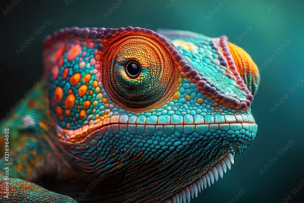 Poster close-up view of a vibrantly colored chameleon displaying its beautiful scales and intricate pattern
