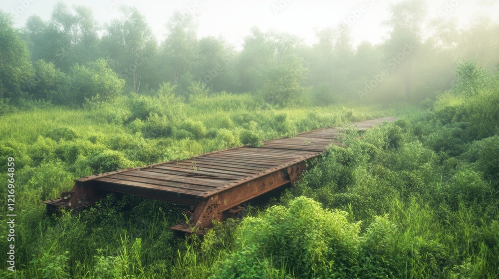 Wall mural Wooden bridge through golden meadow, a tranquil path in nature