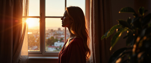 Woman gazing at sunset through window in city apartment