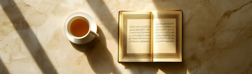 Fototapeta premium Sunlit Tea & Holy Book on Marble