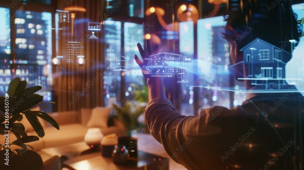 Poster person using holographic interface in modern setting