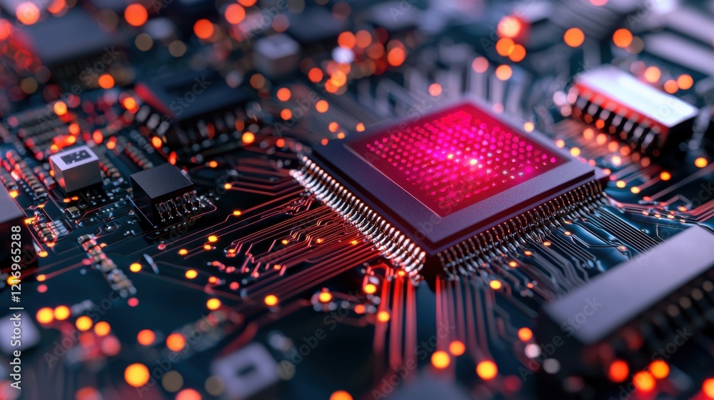 Poster intricate electronic circuit board with glowing red processor chip futuristic high tech digital back