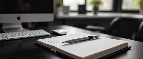 Modern workspace with computer and notebook on desk