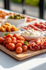 A wooden board displaying an array of assorted appetizers, including charcuterie, cheese, olives, and more, beautifully arranged with a bright, inviting appearance.