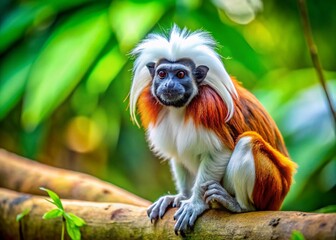 Fototapeta premium Long Exposure Portrait: Cotton-Top Tamarin on Branch - Wildlife Photography