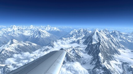 Aerial Himalayan mountains view, airplane wing, clouds, travel