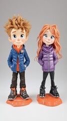 A cute cartoon depiction of two happy children with vibrant expressions and colorful clothing, standing side by side on a light background.