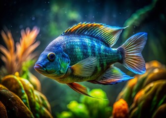 Fototapeta premium Long Exposure Underwater Photography of a Vibrant Severum Cichlid Swimming Gracefully