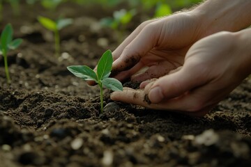 Hands gently planting a seedling in rich soil. Illustrates growth, nurture, and environmental themes.