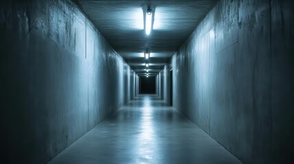 Long illuminated hallway with a bright light at the end, creating depth and mystery