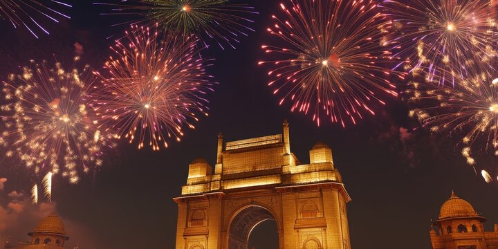 A clock tower with vibrant fireworks exploding in the night sky