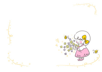 花束を抱えるピンク色のワンピースの女の子フレーム
