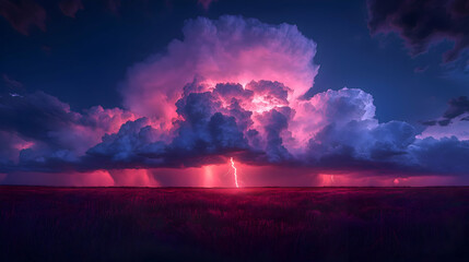 Naklejka premium Intense Night Storm with Vibrant Purple and Pink Clouds over a Field