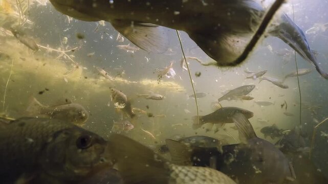 Underwater footage with a group of Crucian carp (Carassius carassius) swimming together with Bitterling (Rhodeus Amarus) and Tench (Tinca tinca) in a beautiful lake habitat. Nature light.