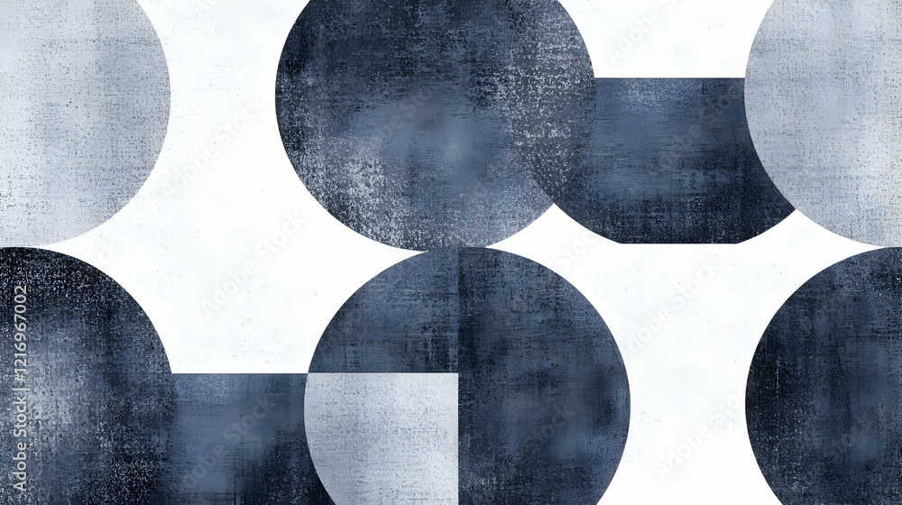 Poster abstract geometric pattern featuring overlapping circles in shades of blue and grey on a white backg