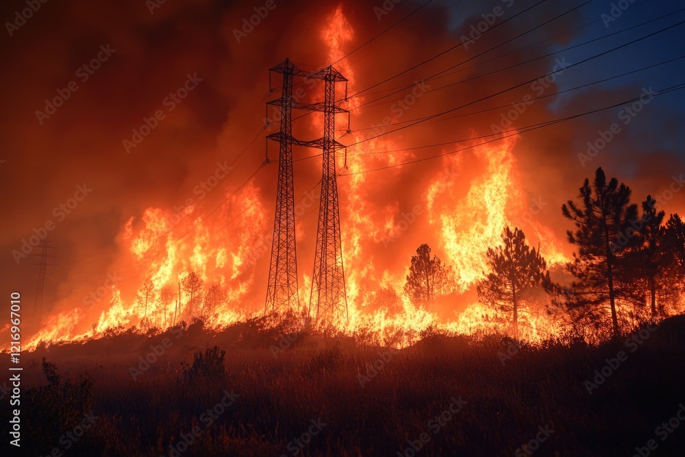 Poster a fire burns in an open field with power lines in the background, a scene of destruction and chaos