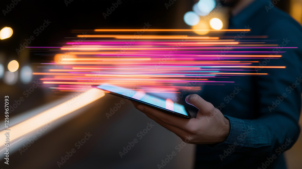 Poster person holding tablet with dynamic light trails representing speed and technology. scene conveys sen