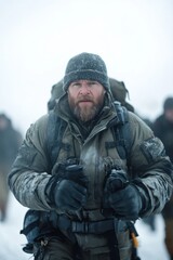 Obraz premium A rugged mountaineer, dressed warmly, climbs a snowy mountain, exuding determination in a misty, cinematic landscape.