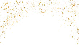 Falling gold glitter particles, glow, golden splatter isolated on transparent background. Festive gold decoration for your design