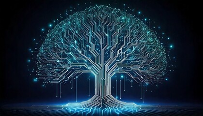 digital tree with branches made of glowing circuits.- 
