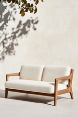 Obraz premium Minimalist living room interior featuring a white armchair with wooden frame. The neutral backdrop and soft shadows create a serene ambiance.
