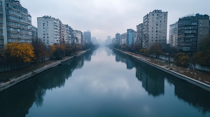 Obraz premium Scenic urban river landscape with bridge and buildings in the background