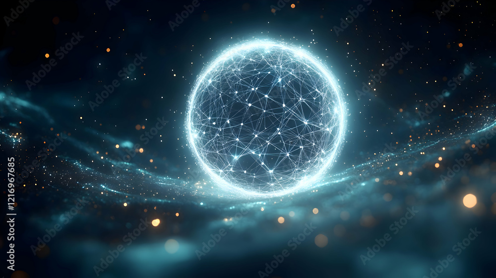Poster luminous glowing sphere in a dark cosmic space: abstract 3d rendering