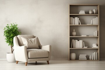 Minimalist interior design showcasing a cozy armchair, bookshelf, and potted plant, creating a relaxing atmosphere
