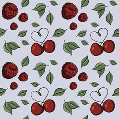 Seamless pattern with drawn elements, cherry, raspberries, berries, heart, green leaves on a colored  background. For wrapping paper, textiles, wallpaper, fabric, stationery, clothing