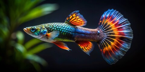 Low Light Guppy Aquarium Photography: Vibrant Fish in Dark Setting