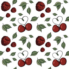 Seamless pattern with drawn elements, cherry, raspberries, berries, heart, green leaves on a colored  background. For wrapping paper, textiles, wallpaper, fabric, stationery, clothing
