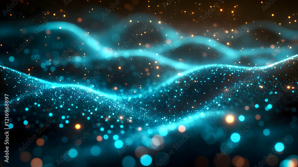 Poster abstract blue energy wave background with glowing particles and dynamic flow