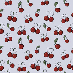 Seamless pattern with drawn elements, cherry pairs forming heart-shaped stems, green leaves on a colored  background. For wrapping paper, textiles, wallpaper, fabric, stationery, clothing