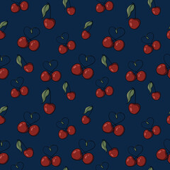 Seamless pattern with drawn elements, cherry pairs forming heart-shaped stems, green leaves on a colored  background. For wrapping paper, textiles, wallpaper, fabric, stationery, clothing