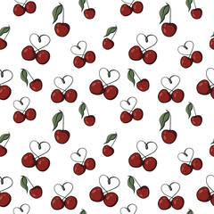 Seamless pattern with drawn elements, cherry pairs forming heart-shaped stems, green leaves on a colored  background. For wrapping paper, textiles, wallpaper, fabric, stationery, clothing