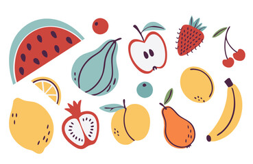 Doodle fruits set: watermelon, apple, banana, lemon, strawberry, cherry, pear, fig, pomegranate and berries. Flat vector fruits collection. Playful and vibrant design perfect for prints and patterns.