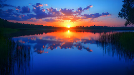 Fototapeta premium Serene Sunset over a Calm Lake with Vibrant Colors Reflected in the Water