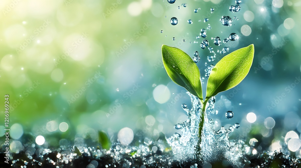 Aufkleber Fresh Green Plant Emerging from Dark Soil with Water Droplets Splashing Around in a Vivid Natural Environment with Soft Bokeh Lights in the Background
