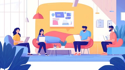 A group of young professionals brainstorming web design concepts in a trendy workspace