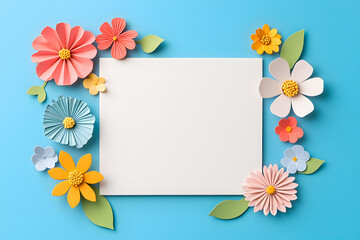 Fototapeta premium Invitation mockup, blank white paper with paper cut blossom and flowers. Woman's day, 8 march, Easter, Mother's day, anniversary greeting cardflowers and