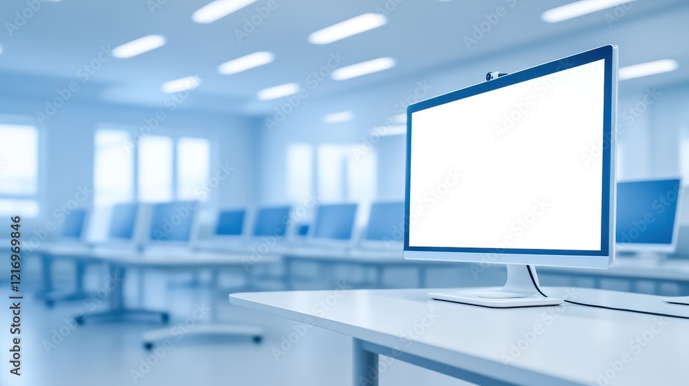 Poster illuminated workspace, a modern room with computer monitor and desk setup modern