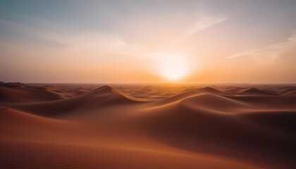 Golden Sand Dunes in Desert Illuminated by Warm Sunset Beyond