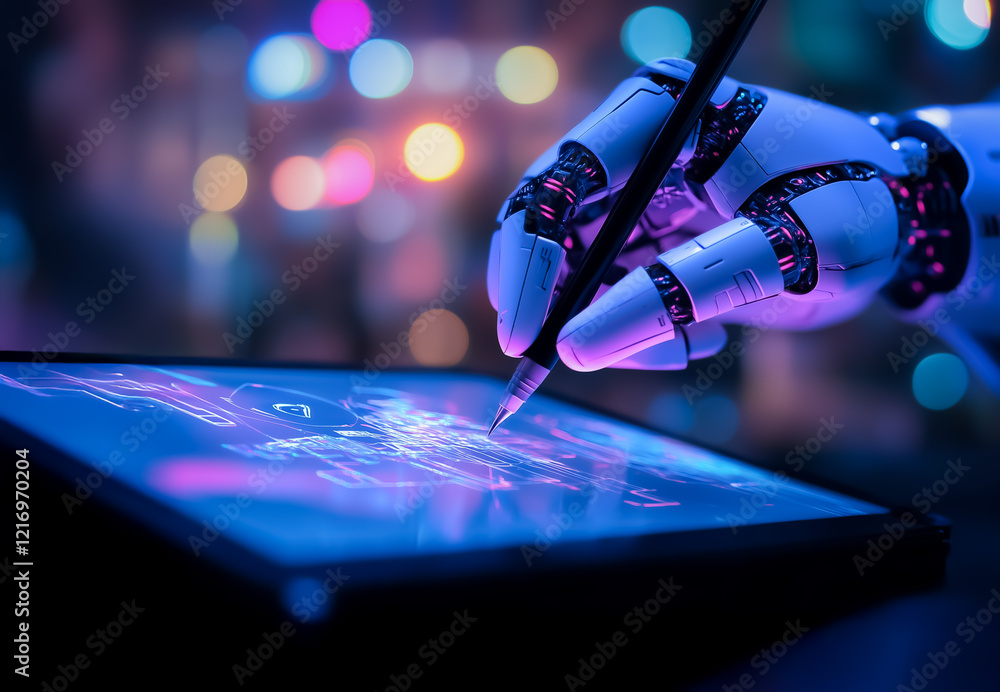 Poster a sleek robotic arm using a stylus on a digital tablet with vivid neon lights and a bokeh background